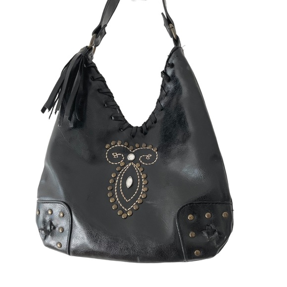 Small Leather Like Goth Biker Mob Wife Fringe Studded Jeweled Shoulder Bag - Picture 1 of 8